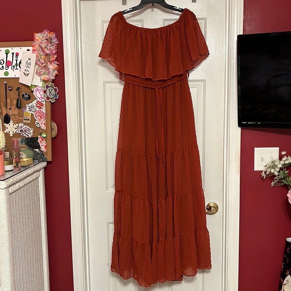 Off Shoulder Swiss Dot Maxi Dress